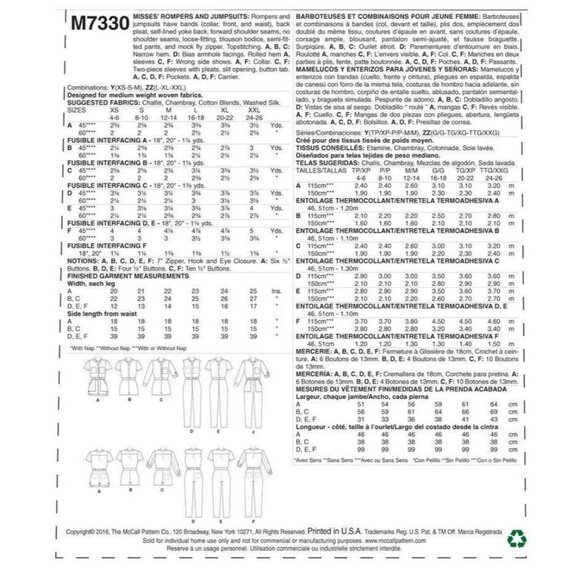 McCall's M7330 Misses L to XXL Jumpsuit and Rompers Uncut Sewing Pattern - Picture 4 of 5